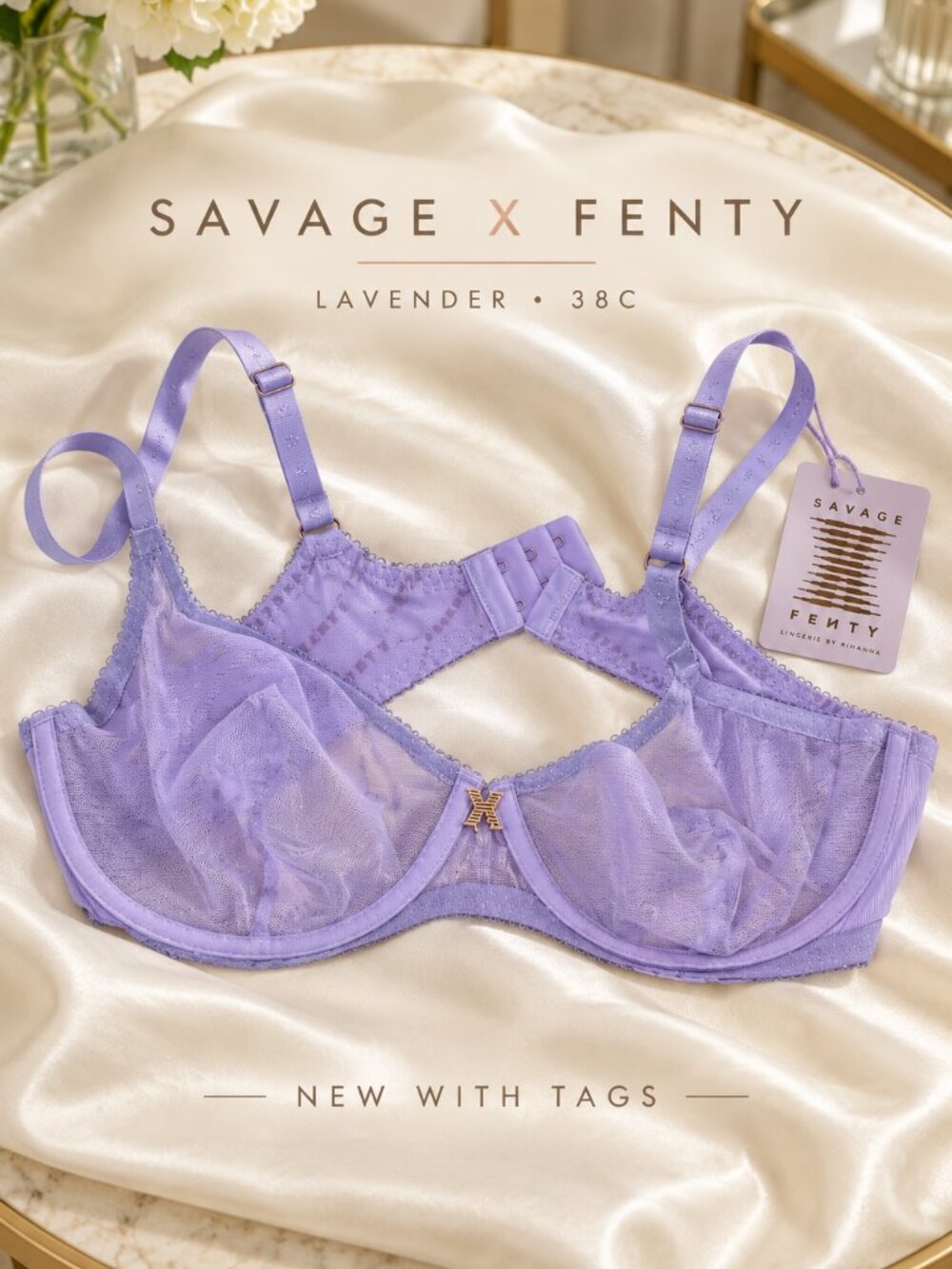 NWT Savage X Fenty Lavender Flocked Logo Unlined Demi Bra 38C